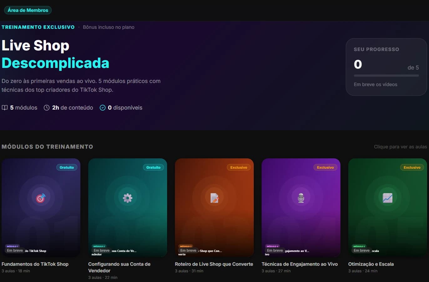 Área de membros do treinamento Live Shop Descomplicada — 5 módulos com aulas práticas